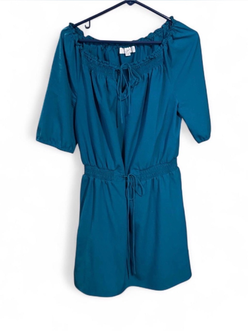 LOFT Teal Short-Sleeve Drawstring Waist Mini Dress